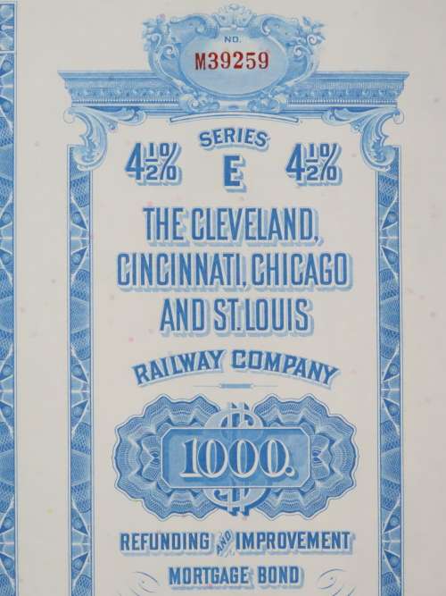 1927 Cleveland Cincinnati Chicago and St Louis Railway Company, $1000 Bond Certificate M39259