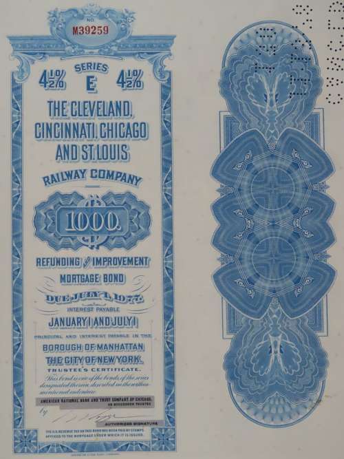1927 Cleveland Cincinnati Chicago and St Louis Railway Company, $1000 Bond Certificate M39259