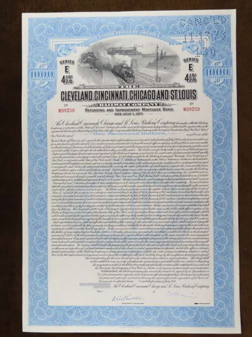 1927 Cleveland Cincinnati Chicago and St Louis Railway Company, $1000 Bond Certificate M39259