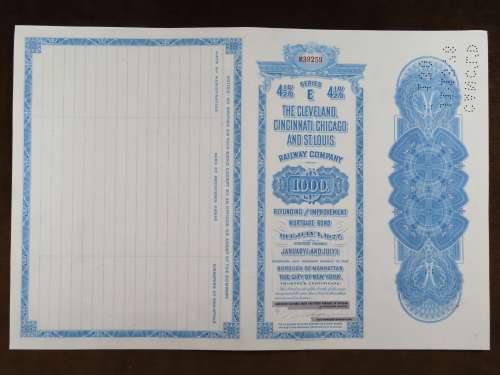 1927 Cleveland Cincinnati Chicago and St Louis Railway Company, $1000 Bond Certificate M39259