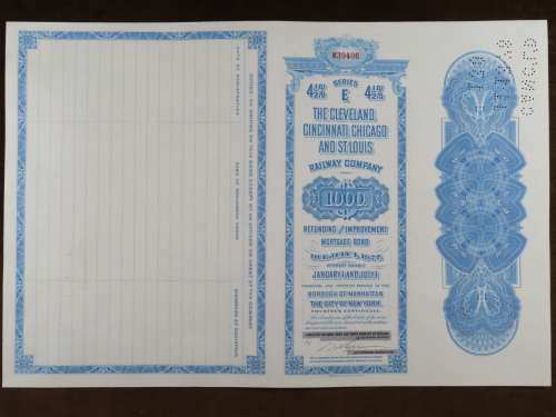 1927 Cleveland Cincinnati Chicago and St Louis Railway Company, $1000 Bond Certificate M39406