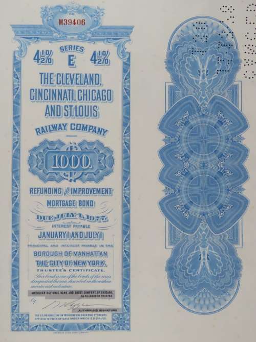1927 Cleveland Cincinnati Chicago and St Louis Railway Company, $1000 Bond Certificate M39406