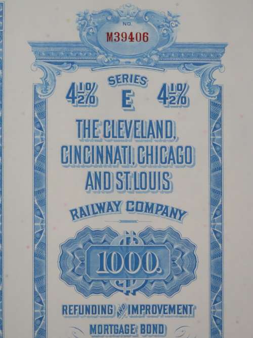 1927 Cleveland Cincinnati Chicago and St Louis Railway Company, $1000 Bond Certificate M39406