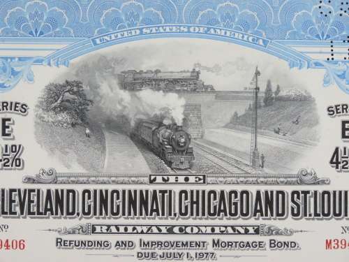 1927 Cleveland Cincinnati Chicago and St Louis Railway Company, $1000 Bond Certificate M39406