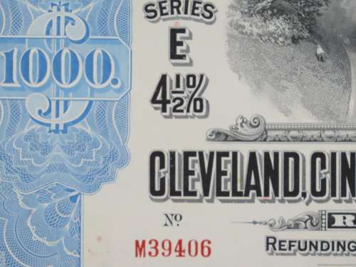 1927 Cleveland Cincinnati Chicago and St Louis Railway Company, $1000 Bond Certificate M39406