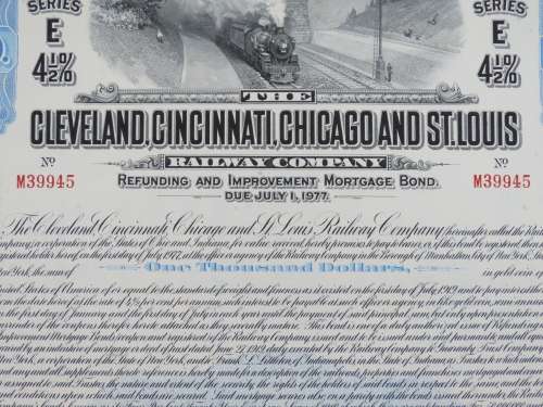 1927 Cleveland Cincinnati Chicago and St Louis Railway Company, $1000 Bond Certificate M39945