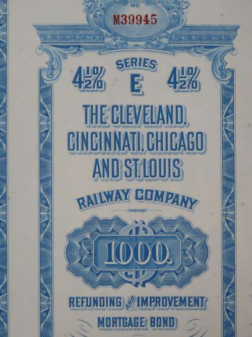 1927 Cleveland Cincinnati Chicago and St Louis Railway Company, $1000 Bond Certificate M39945