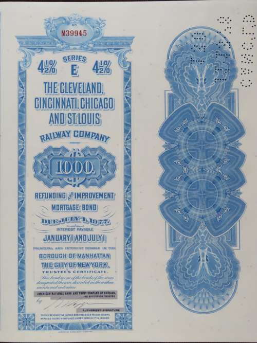 1927 Cleveland Cincinnati Chicago and St Louis Railway Company, $1000 Bond Certificate M39945