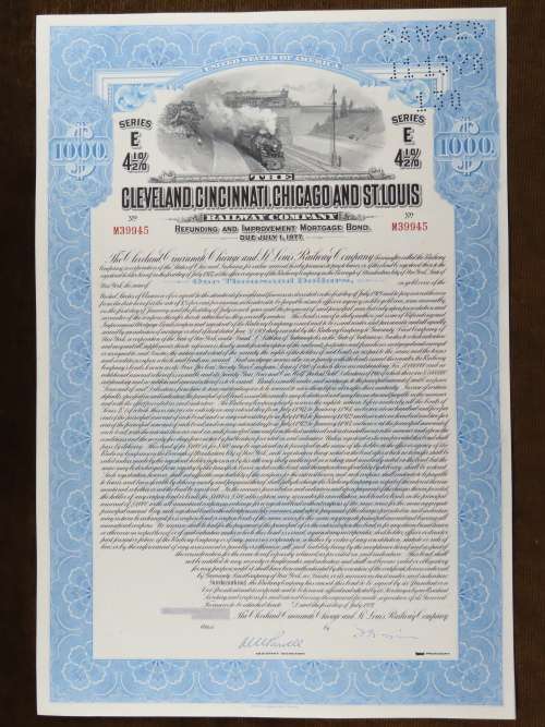 1927 Cleveland Cincinnati Chicago and St Louis Railway Company, $1000 Bond Certificate M39945