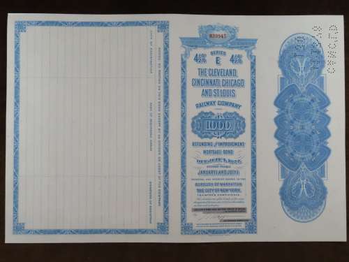 1927 Cleveland Cincinnati Chicago and St Louis Railway Company, $1000 Bond Certificate M39945