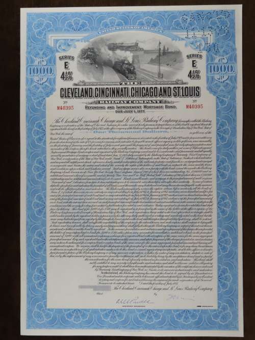 1927 Cleveland Cincinnati Chicago and St Louis Railway Company, $1000 Bond Certificate M40395