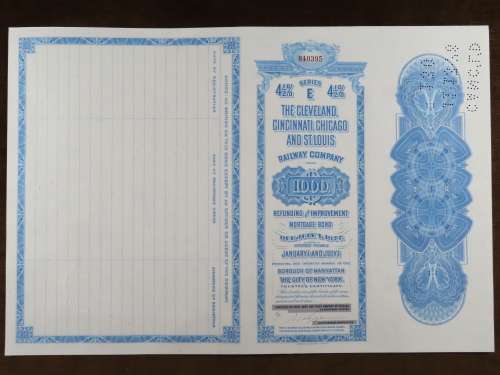 1927 Cleveland Cincinnati Chicago and St Louis Railway Company, $1000 Bond Certificate M40395
