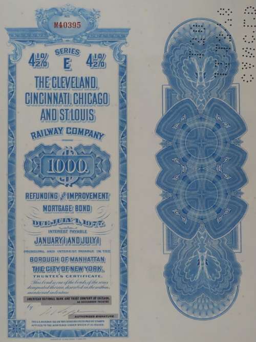1927 Cleveland Cincinnati Chicago and St Louis Railway Company, $1000 Bond Certificate M40395