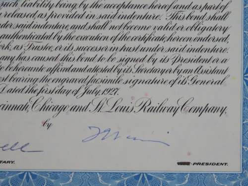 1927 Cleveland Cincinnati Chicago and St Louis Railway Company, $1000 Bond Certificate M40395