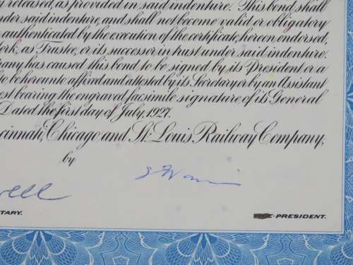 1927 Cleveland Cincinnati Chicago and St Louis Railway Company, $1000 Bond Certificate M40762