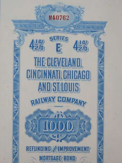 1927 Cleveland Cincinnati Chicago and St Louis Railway Company, $1000 Bond Certificate M40762