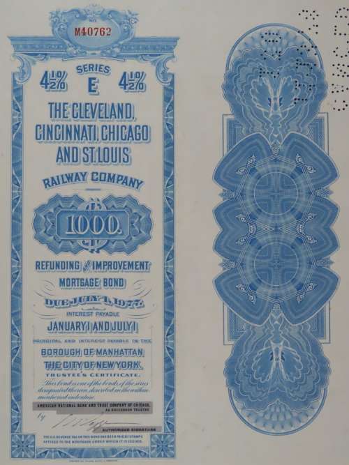 1927 Cleveland Cincinnati Chicago and St Louis Railway Company, $1000 Bond Certificate M40762