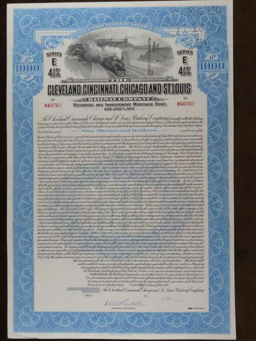 1927 Cleveland Cincinnati Chicago and St Louis Railway Company, $1000 Bond Certificate M40762