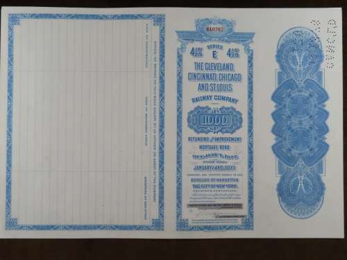 1927 Cleveland Cincinnati Chicago and St Louis Railway Company, $1000 Bond Certificate M40762