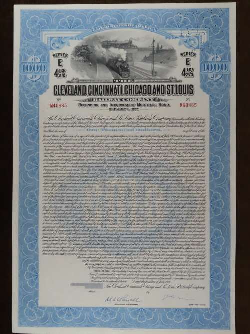 1927 Cleveland Cincinnati Chicago and St Louis Railway Company, $1000 Bond Certificate M40885