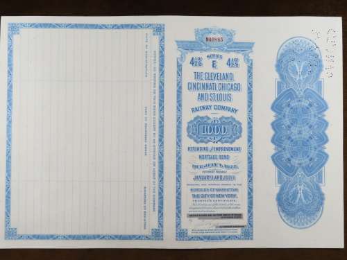 1927 Cleveland Cincinnati Chicago and St Louis Railway Company, $1000 Bond Certificate M40885