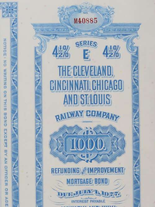 1927 Cleveland Cincinnati Chicago and St Louis Railway Company, $1000 Bond Certificate M40885