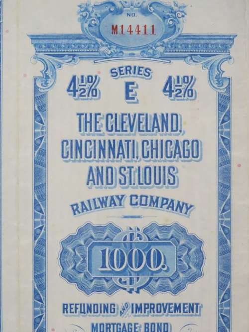 1927 Cleveland Cincinnati Chicago and St Louis Railway Company, $1000 Bond Certificate M14411