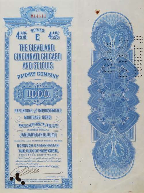 1927 Cleveland Cincinnati Chicago and St Louis Railway Company, $1000 Bond Certificate M14411
