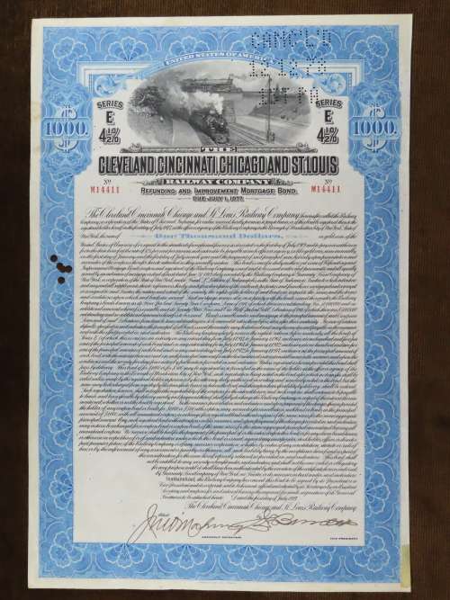 1927 Cleveland Cincinnati Chicago and St Louis Railway Company, $1000 Bond Certificate M14411
