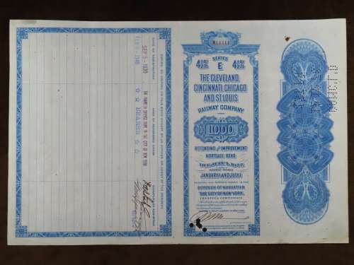 1927 Cleveland Cincinnati Chicago and St Louis Railway Company, $1000 Bond Certificate M14411