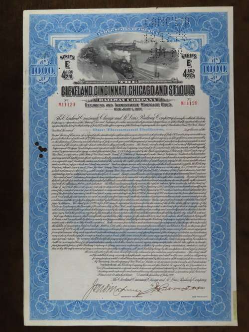 1927 Cleveland Cincinnati Chicago and St Louis Railway Company, $1000 Bond Certificate M11129