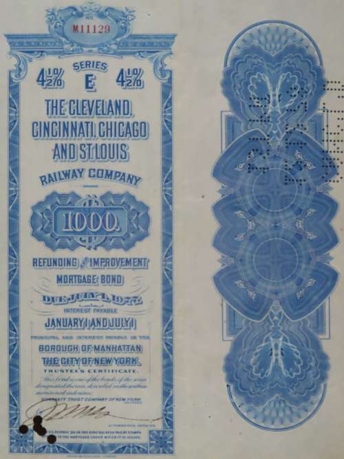 1927 Cleveland Cincinnati Chicago and St Louis Railway Company, $1000 Bond Certificate M11129