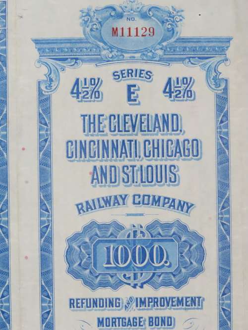 1927 Cleveland Cincinnati Chicago and St Louis Railway Company, $1000 Bond Certificate M11129