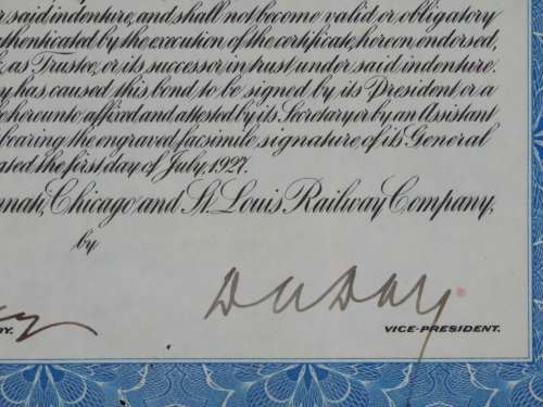 1927 Cleveland Cincinnati Chicago and St Louis Railway Company, $1000 Bond Certificate M37952