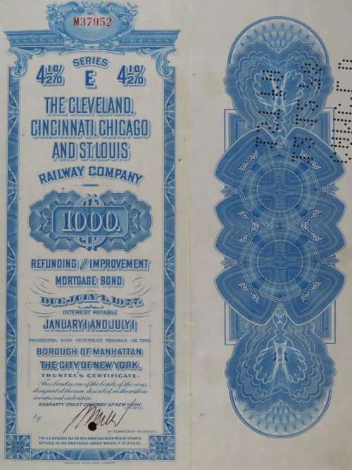 1927 Cleveland Cincinnati Chicago and St Louis Railway Company, $1000 Bond Certificate M37952