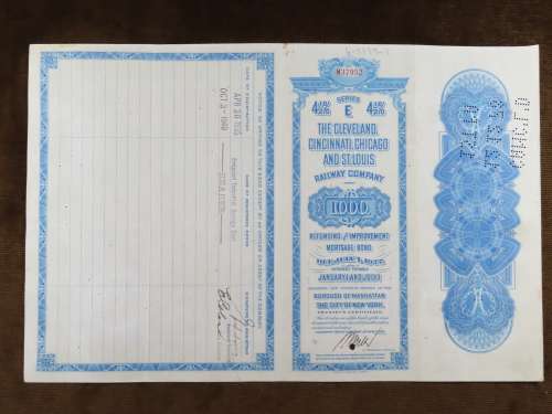 1927 Cleveland Cincinnati Chicago and St Louis Railway Company, $1000 Bond Certificate M37952