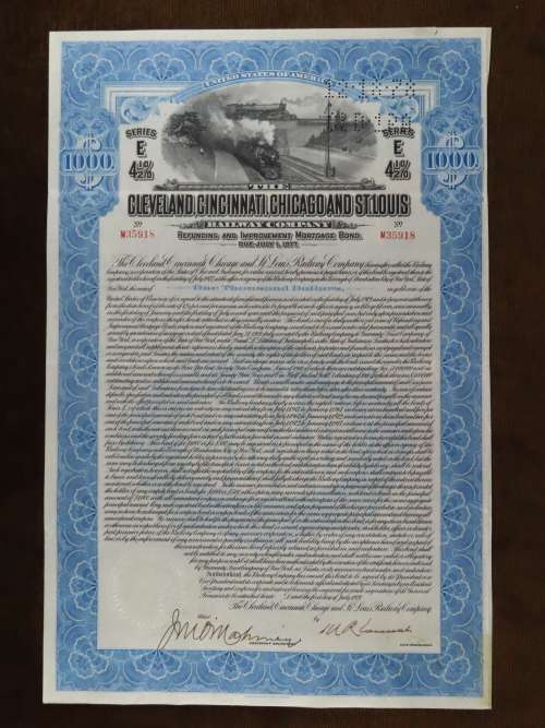 1927 Cleveland Cincinnati Chicago and St Louis Railway Company, $1000 Bond Certificate M35918