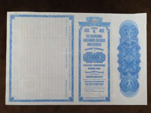 1927 Cleveland Cincinnati Chicago and St Louis Railway Company, $1000 Bond Certificate M35918