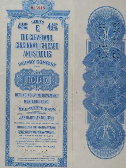 1927 Cleveland Cincinnati Chicago and St Louis Railway Company, $1000 Bond Certificate M35918