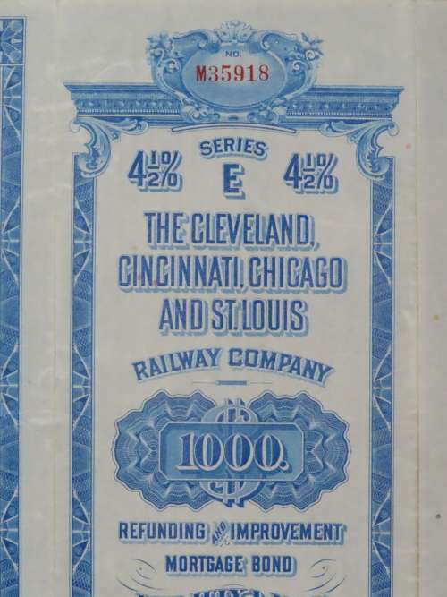 1927 Cleveland Cincinnati Chicago and St Louis Railway Company, $1000 Bond Certificate M35918