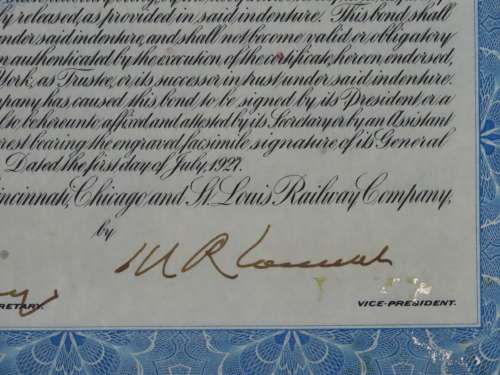 1927 Cleveland Cincinnati Chicago and St Louis Railway Company, $1000 Bond Certificate M35918