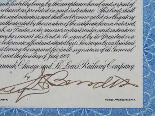 1927 Cleveland Cincinnati Chicago and St Louis Railway Company, $1000 Bond Certificate M11459
