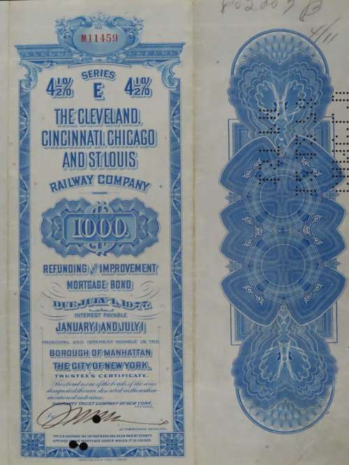 1927 Cleveland Cincinnati Chicago and St Louis Railway Company, $1000 Bond Certificate M11459
