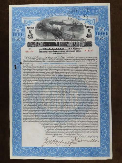 1927 Cleveland Cincinnati Chicago and St Louis Railway Company, $1000 Bond Certificate M11459