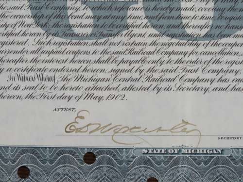 1902 The Michigan Central Railroad Company, $1000 Gold Bond Certificate 4525
