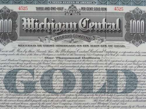 1902 The Michigan Central Railroad Company, $1000 Gold Bond Certificate 4525