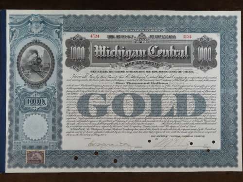 1902 The Michigan Central Railroad Company, $1000 Gold Bond Certificate 4524