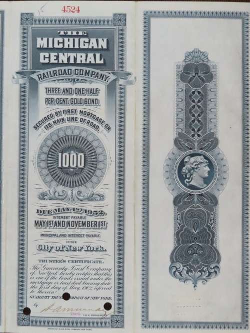 1902 The Michigan Central Railroad Company, $1000 Gold Bond Certificate 4524