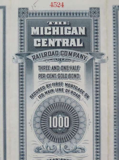 1902 The Michigan Central Railroad Company, $1000 Gold Bond Certificate 4524