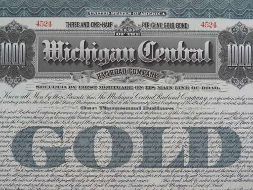 1902 The Michigan Central Railroad Company, $1000 Gold Bond Certificate 4524